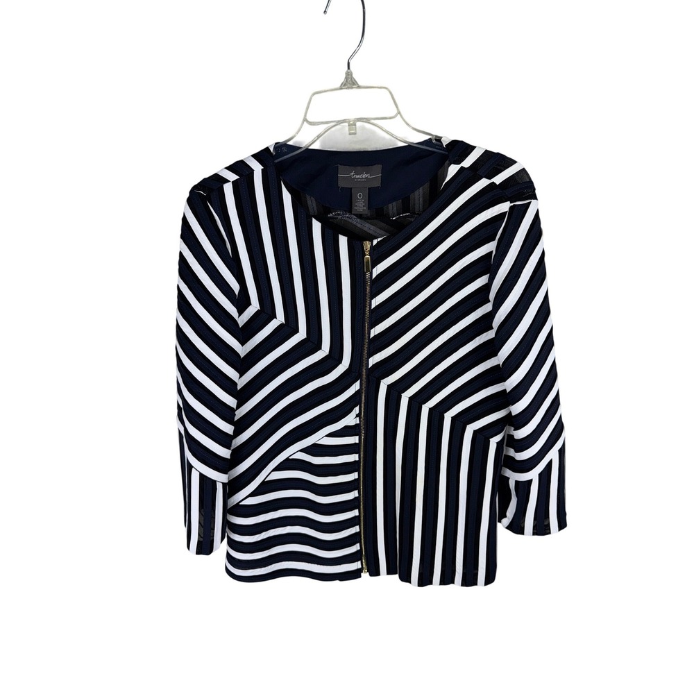 Chico's Travelers Navy Blue White Striped Zip Front Mesh Jacket Size 0 S 4 6